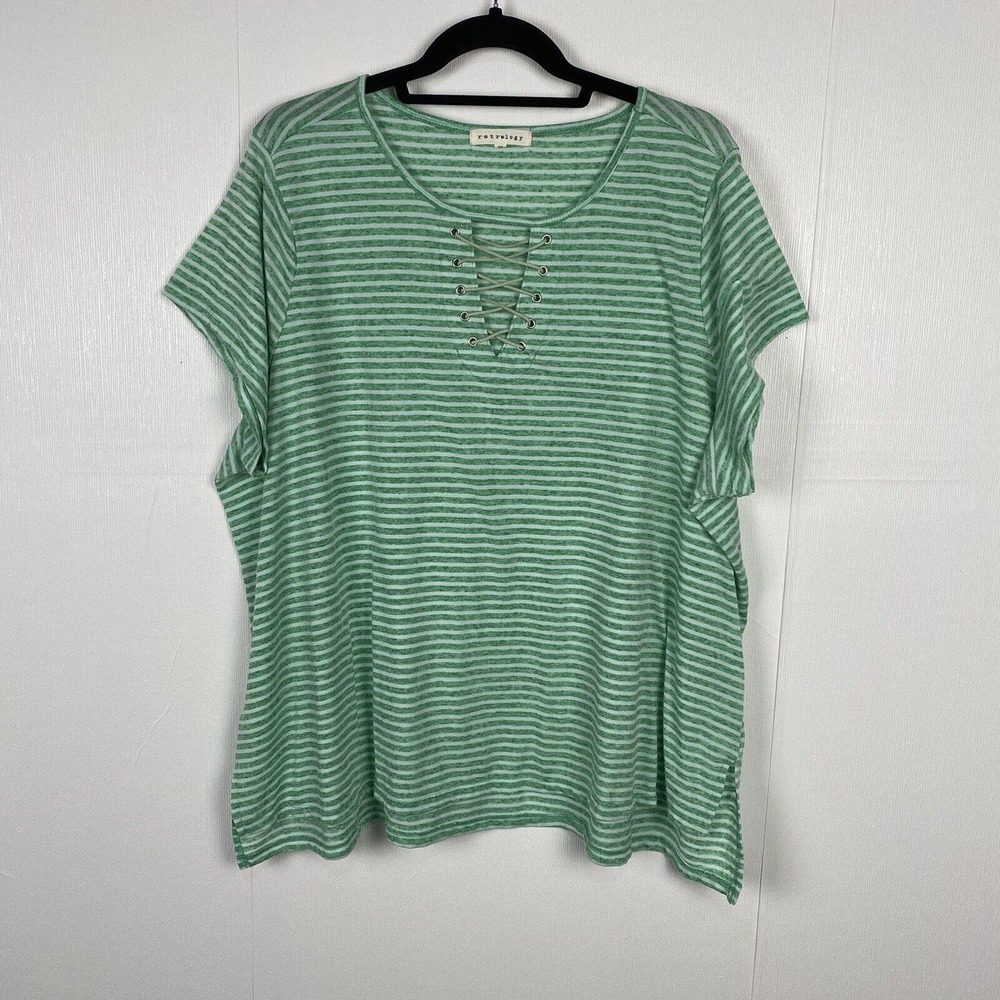 Retrology Women Green Short Sleeve Polyester Linen Blend Blouse Top Size 3X.